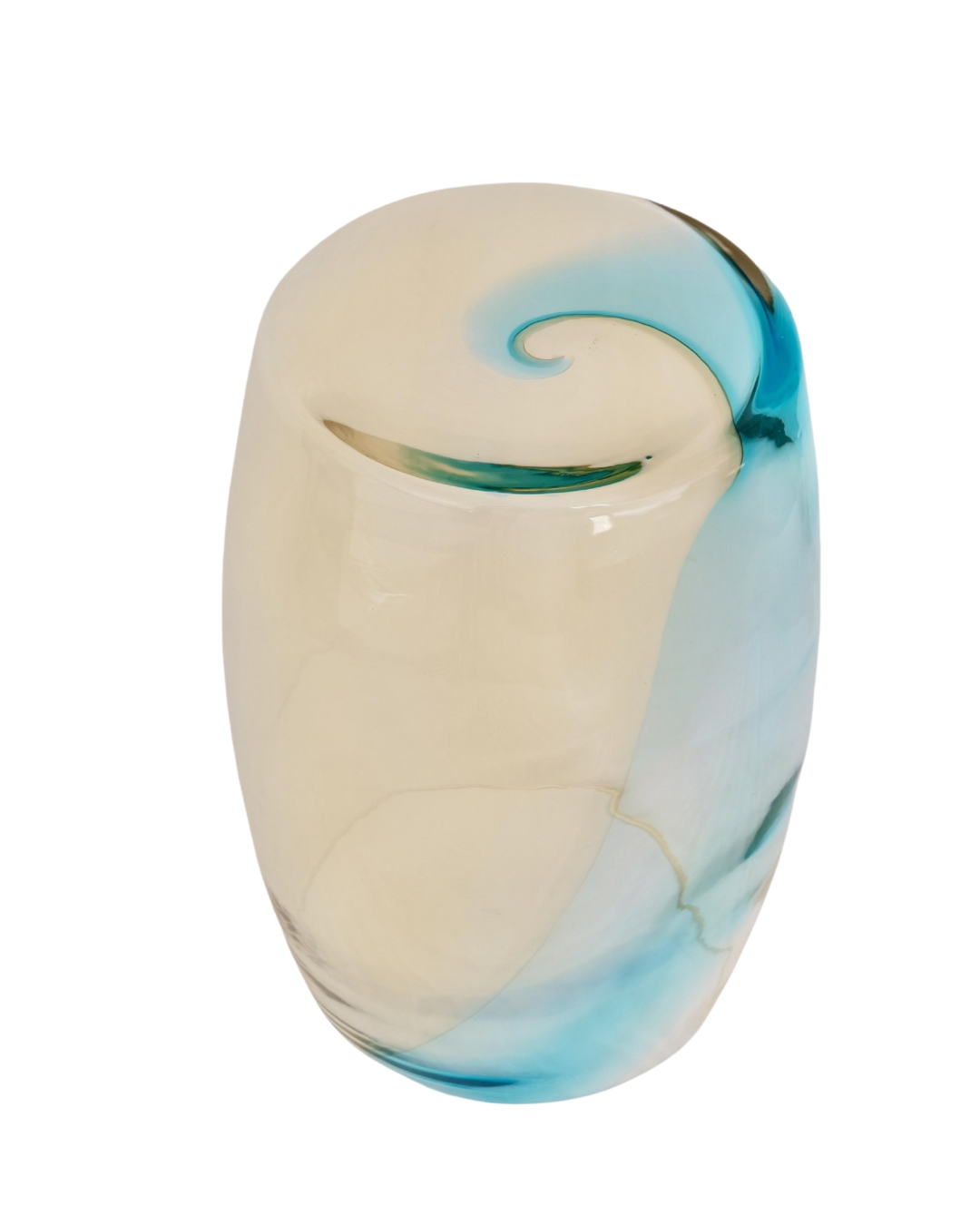 Hand-blown Murano glass table in aquamarine and amber, Tavolino Ambra Marina 50, product view against white background.