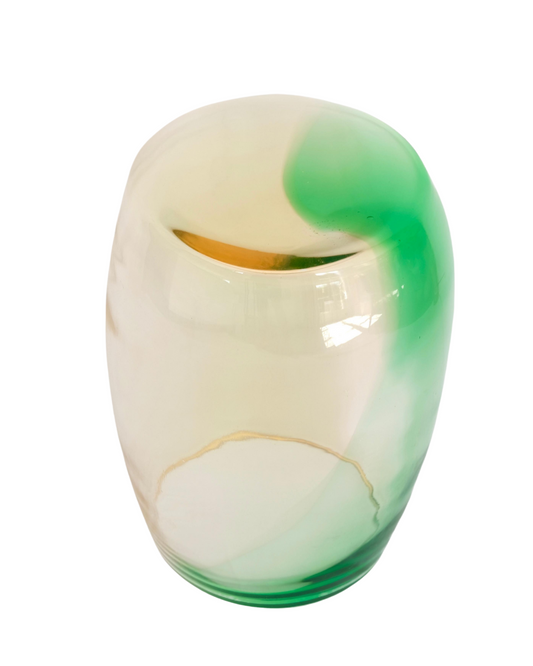 Amber and green Murano glass Tavolino Bosco 50 table on white background.