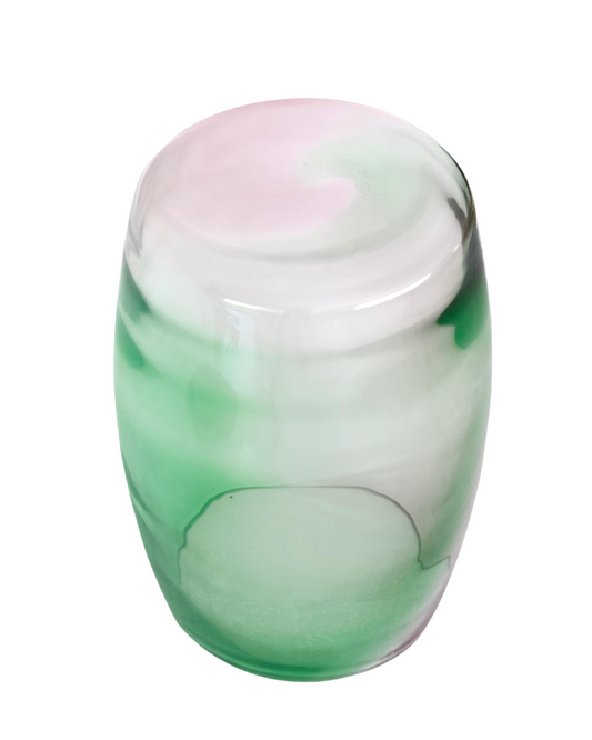 Hand-blown Murano glass table in amethyst and green tones, Tavolino Menta Viola 50, product image on white background.