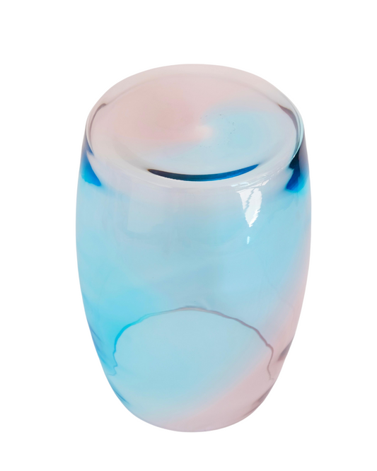 Tavolino Sirena 50 — hand-blown Murano glass table with amethyst and aquamarine gradient, sculptural rounded form.