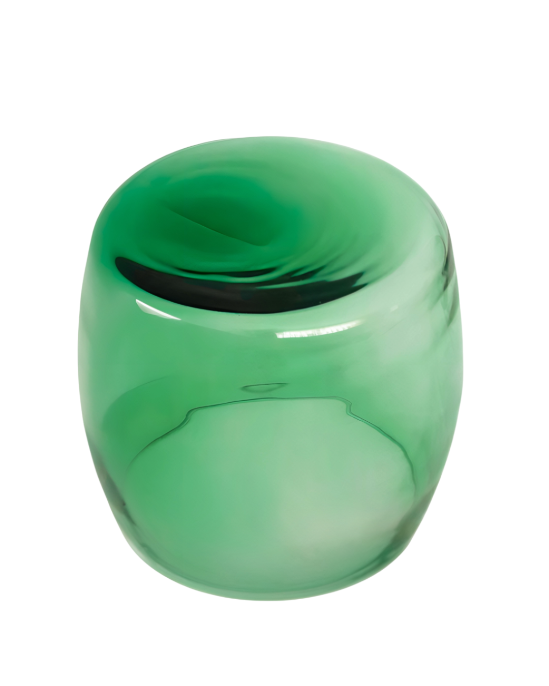 Green hand-blown Murano glass Tavolini work, sculptural form on white background.