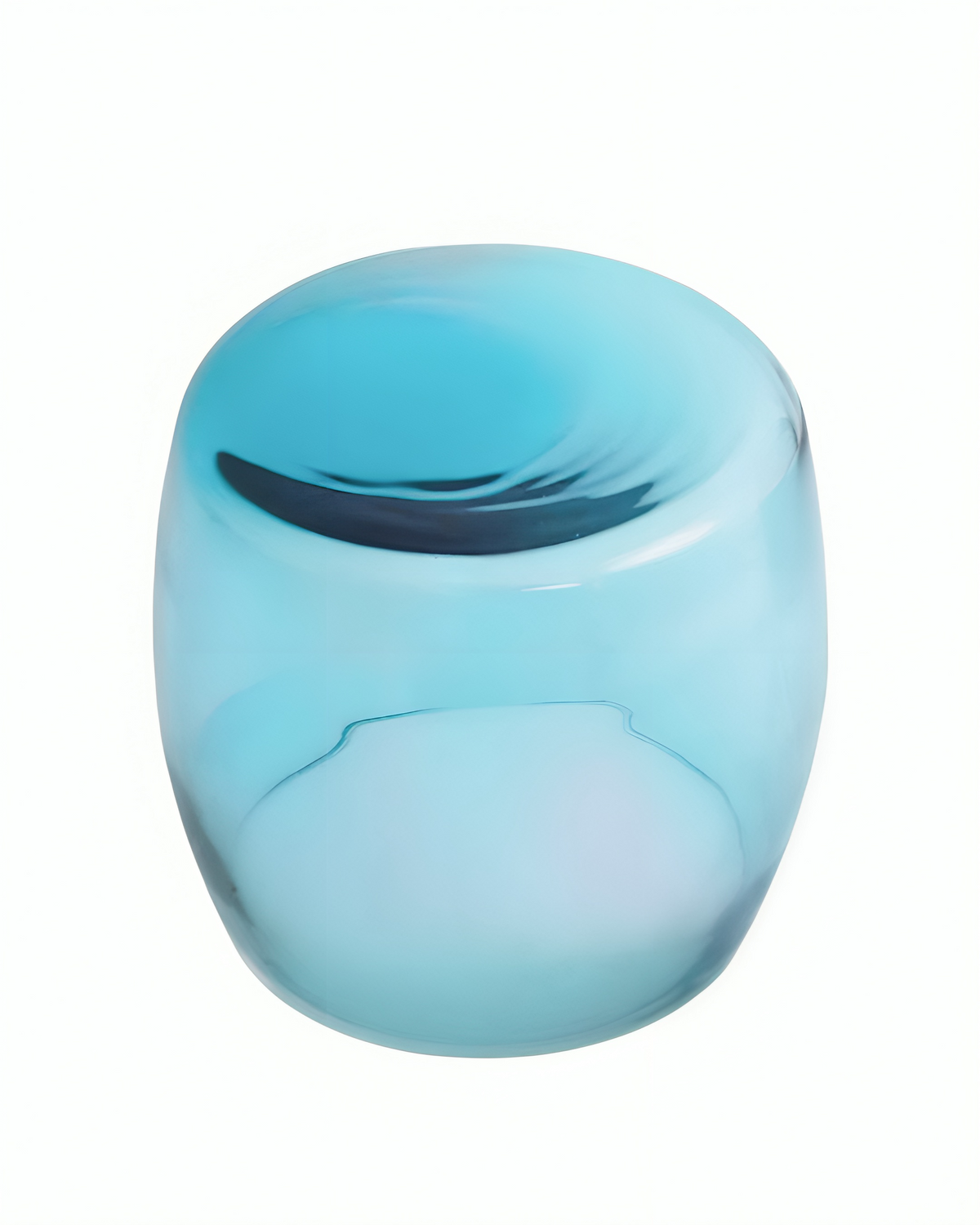Aquamarine hand-blown Murano glass Tavolini work, sculptural rounded form on white background.